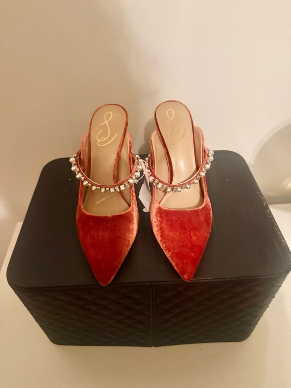 Sam Edelman Rust Red Velvet Pointed Mules with Crystal Band